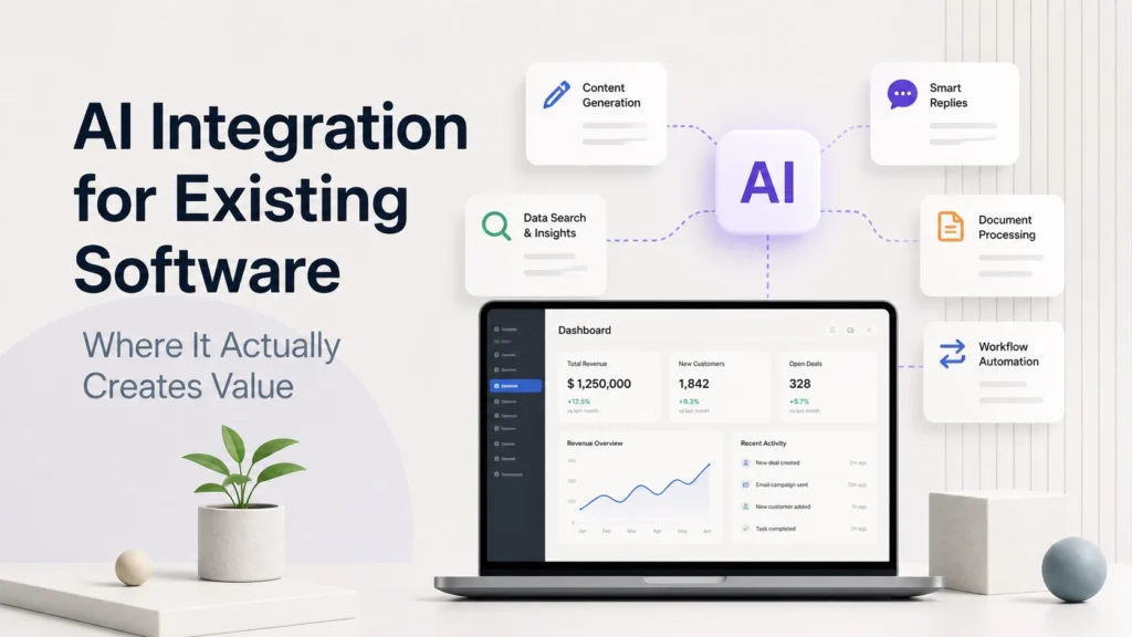 AI integration for existing software dashboard with content generation data search and workflow automation