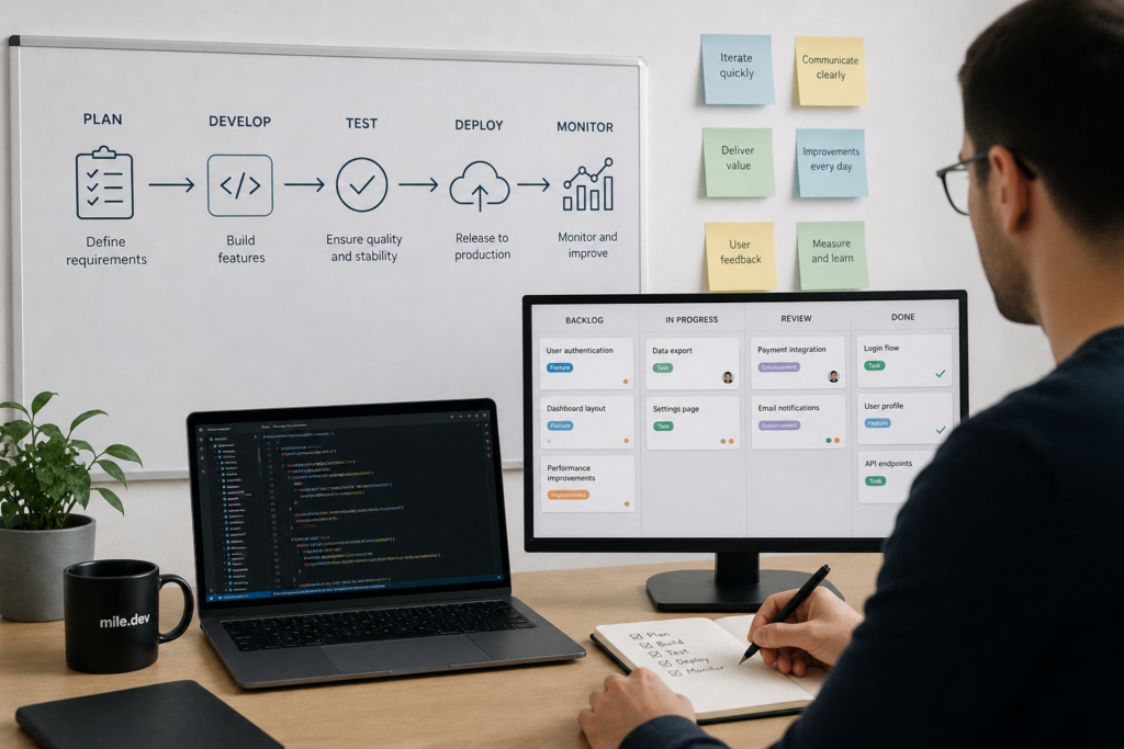 Software development delivery workflow from planning to deployment and monitoring
