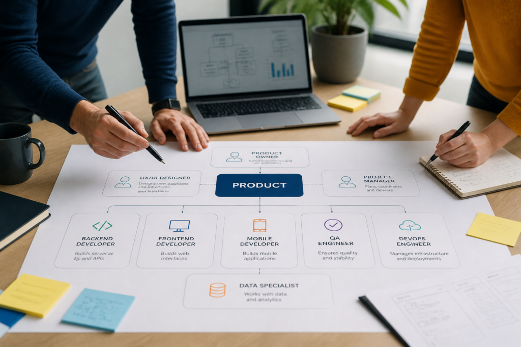 Software development team roles planned around product ownership engineering and delivery