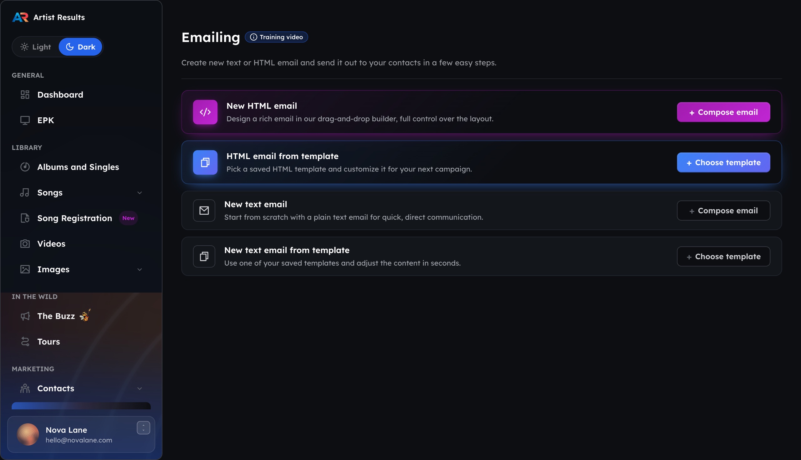 Artist Results email marketing: HTML and text emails from templates
