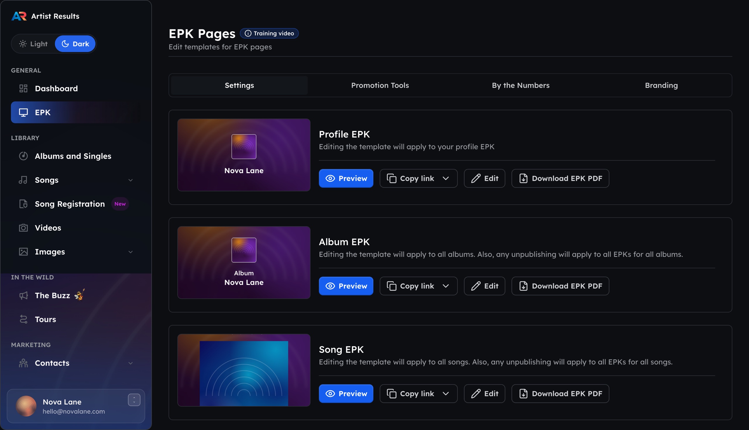 Artist Results EPK pages for artist, album, and song press kits