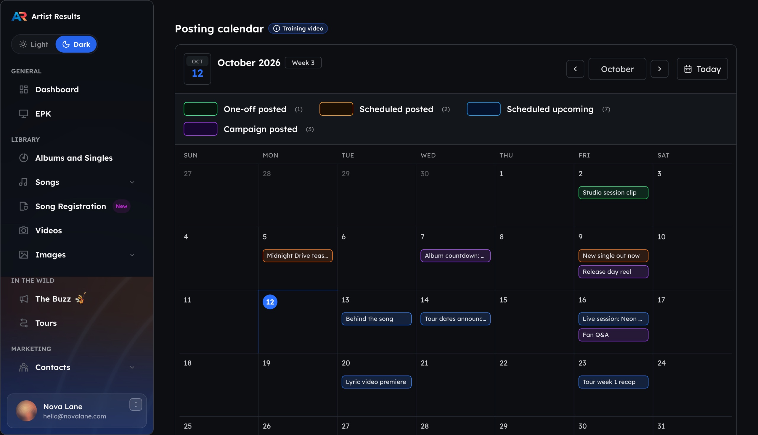 Artist Results social media posting calendar with scheduled and campaign posts