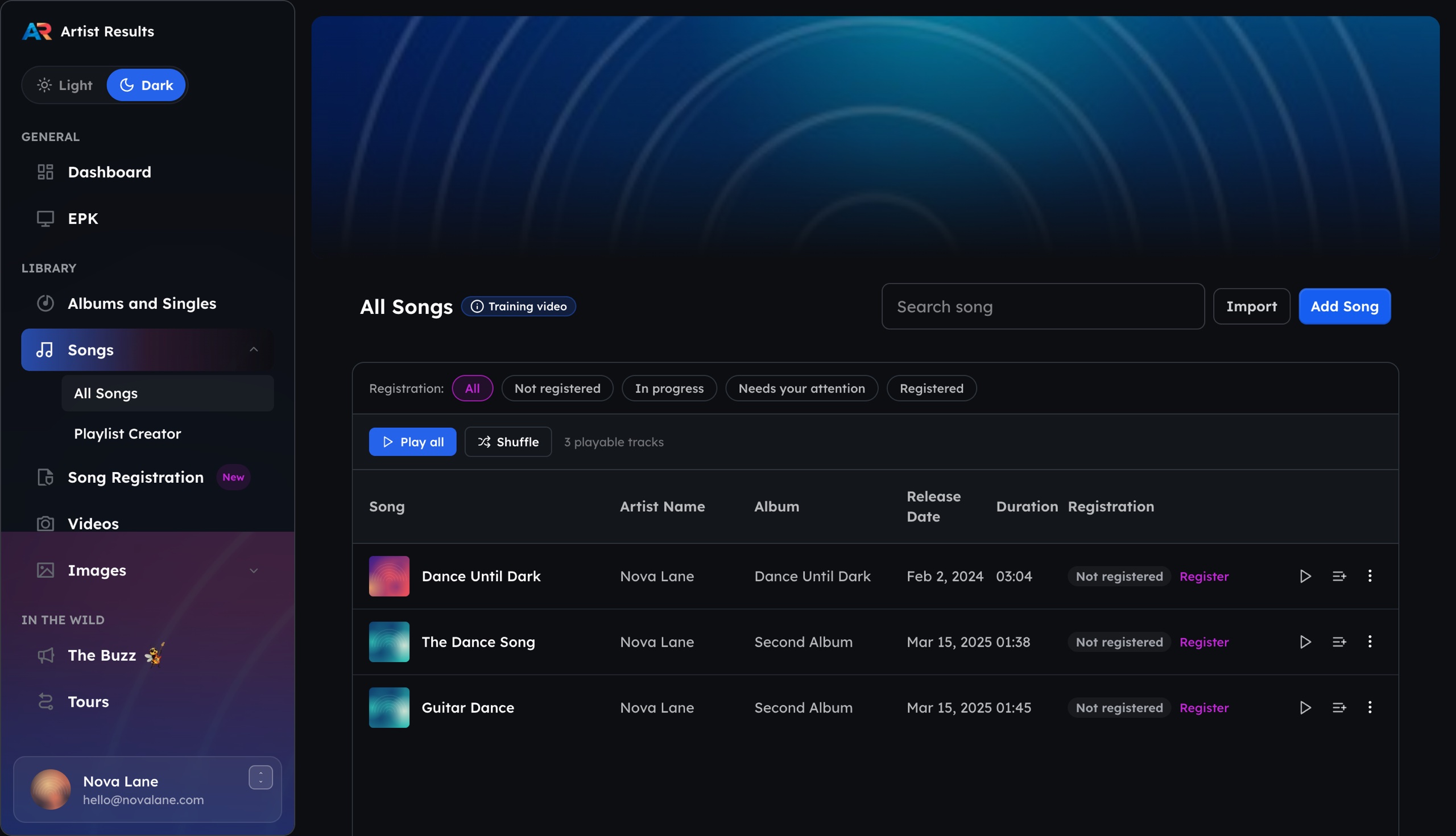 Artist Results song library with registration status and playback