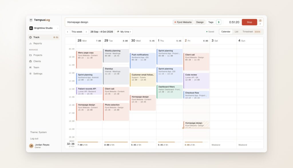 mile.dev products: TempusLog time tracker week view