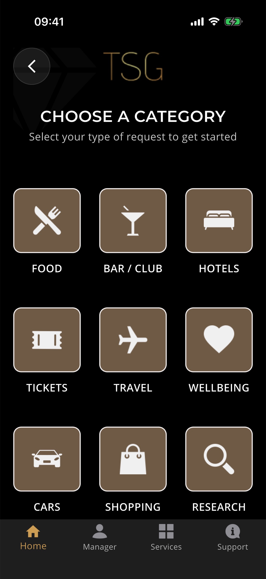 Sincura app: choose a category for a concierge request