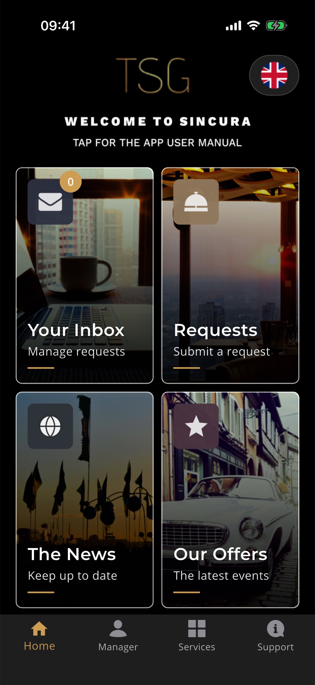 Sincura app home screen with inbox, requests, news, and offers