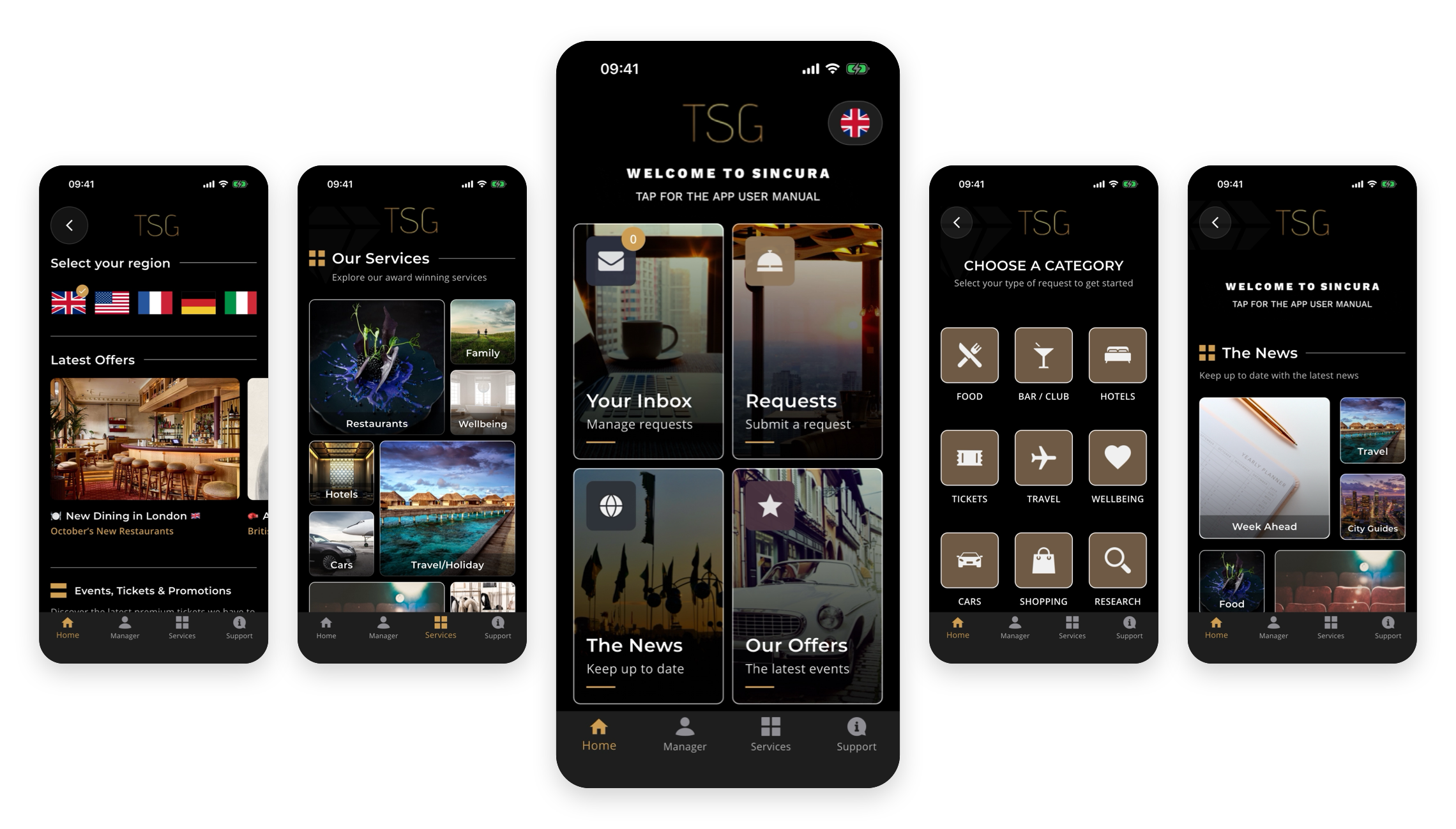 Sincura concierge app screens: offers, services, home, requests, and news