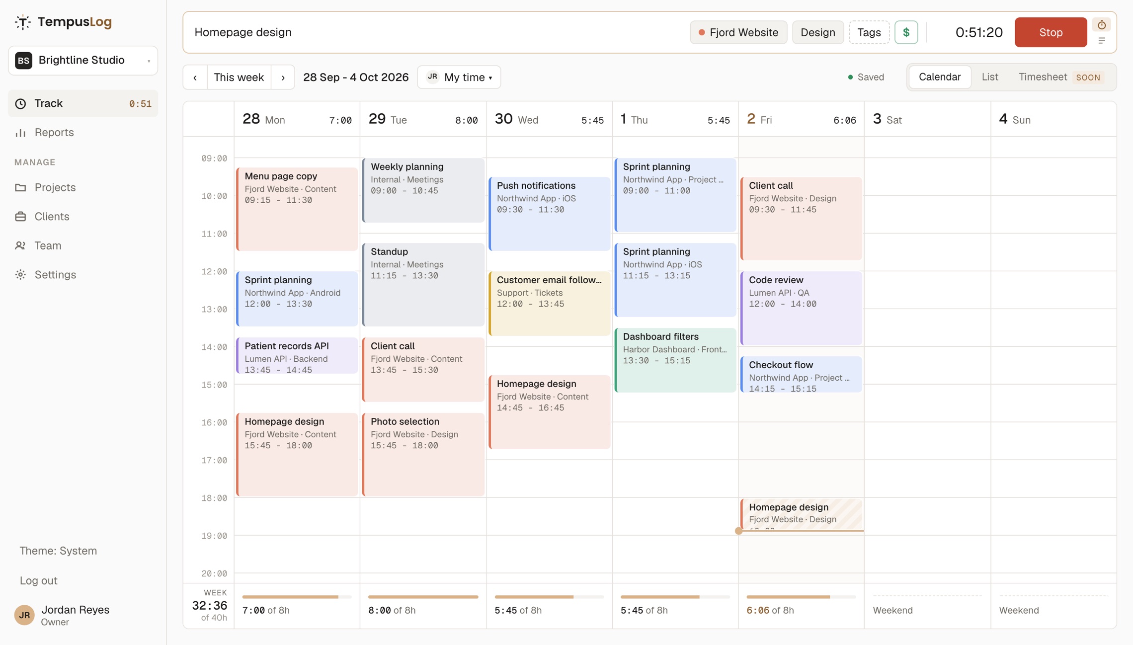 TempusLog free time tracker: week calendar with timer and daily totals