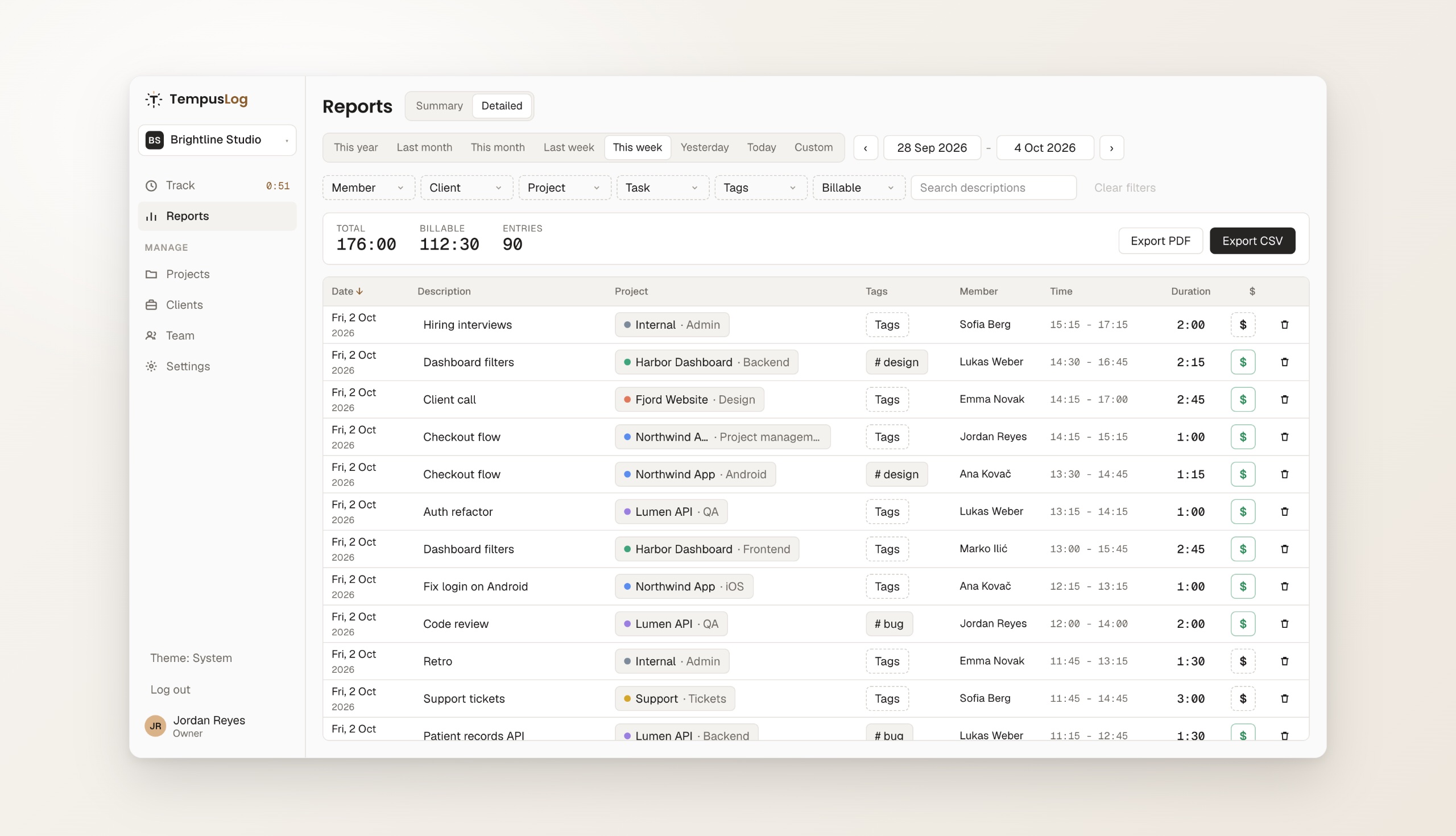 TempusLog detailed report with filters and export