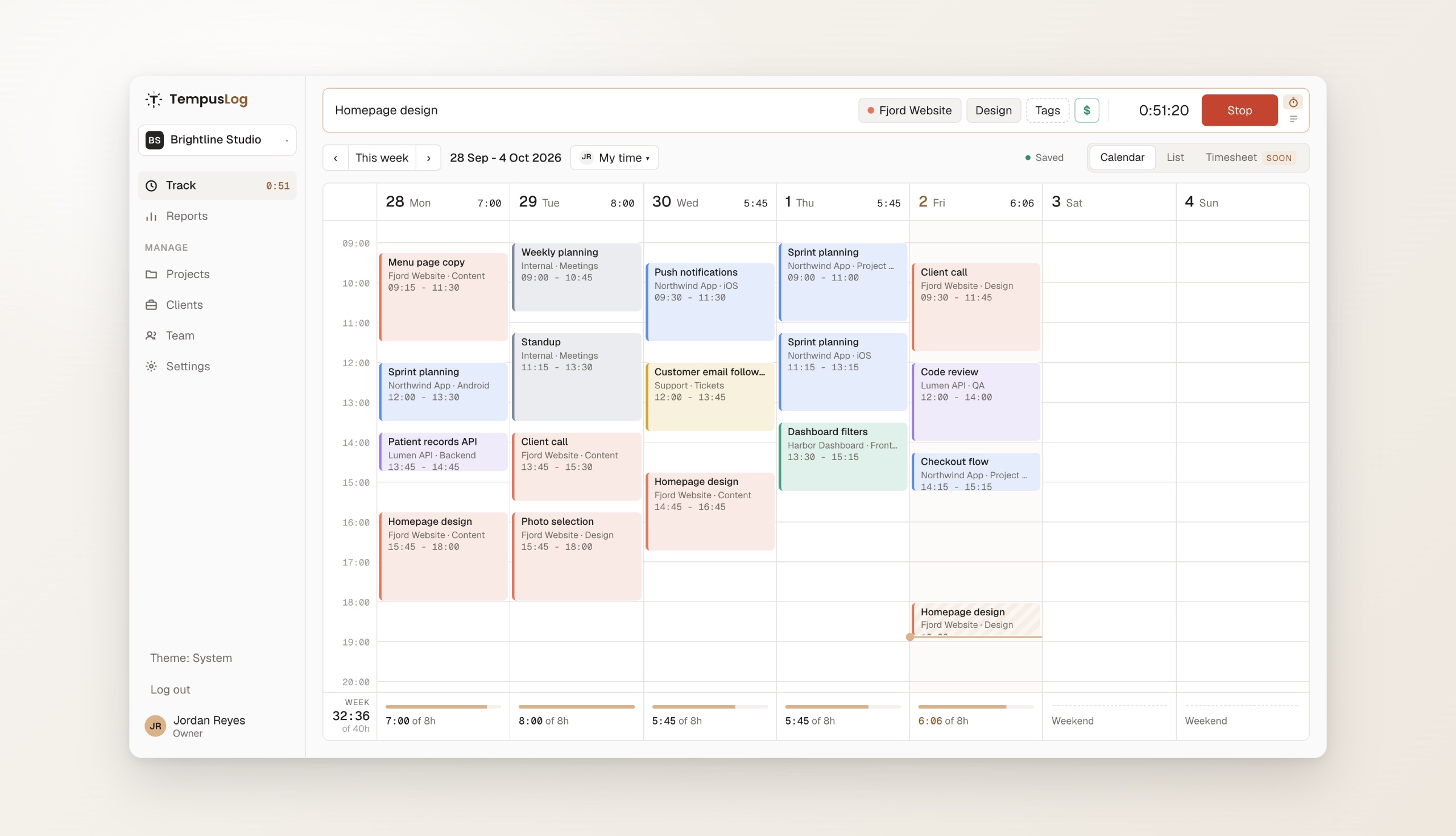 TempusLog week calendar view